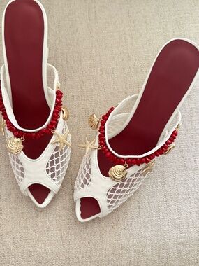 Inspired White Mesh Peep-Toe Mules with Red Insole and Gold Shell Charms